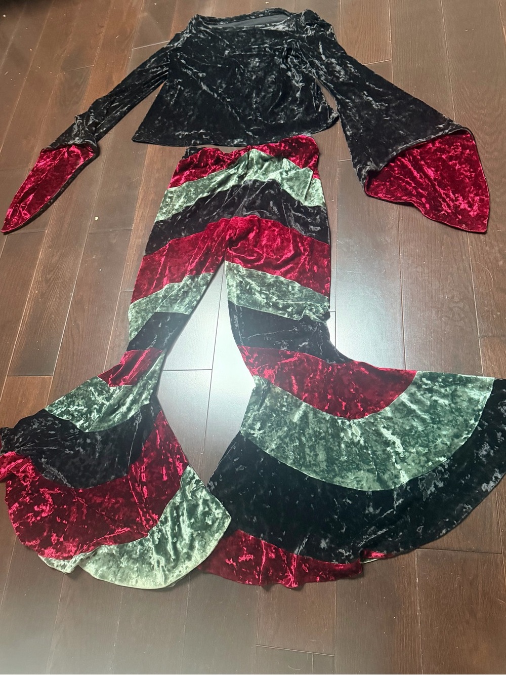 Norma Kamali Velvet black green and red pant bells bottoms and top in Black, Red